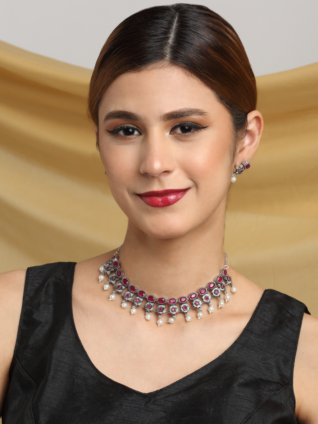 YouBella Jewellery Oxidised Silver Necklace Jewellery Set with Earrings for Girls and Women (Red) (YBNK_50523)